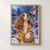 Chestnut-and-white spaniel in a mustard raincoat looking at a snowflake on its nose, with snowy shrubs and a glowing window.; frame shown for styling only