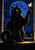 Amber-eyed black cat raises a paw toward a pale glowing moth beside a blue moonlit window and rooftops.
