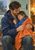 An adult man holds a child wrapped in an orange towel; the child wears a blue raincoat beside a rain-streaked window.