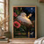 White heron sleeping in a twig nest beside dark water, with pink poppies, a glowing lantern, and a hovering moth-like figure.; frame shown for styling only