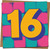 16th Birthday Card – Bold Number 16 Square Greeting, Retro Neon Design, 145mm x 145mm, Kraft Envelope Included, Funny Teen Celebration for Son Daughter Boy Girl Friend
