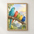 Five brightly colored birds perch on a diagonal branch, with a turquoise bird singing in the foreground against a sunrise sky.; frame shown for styling only