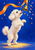 A small white curly-coated dog rears toward a brass handbell hanging from a curling orange-gold ribbon against a blue background.