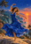 Woman in a flowing cobalt-blue dress dancing on a rocky coastal overlook at sunset, with turquoise cliffs, palms, and sea behind her.