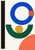 Flat geometric poster with a cobalt ring crossed by a terracotta square, a green arc and gold circle, a black bar, and a coral lower-right shape.