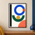 Flat geometric poster with a cobalt ring crossed by a terracotta square, a green arc and gold circle, a black bar, and a coral lower-right shape.; frame shown for styling only