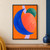 Cobalt crescent and coral oval overlap in front of a smaller jade form, with a pale lilac stripe on a bright orange background.; frame shown for styling only
