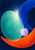 Luminous sea-green oval, sweeping blue arc, orange-red crescent and pale-lilac circle on a dark blue ground.