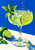 Coupe of pale-green fizzy liquid with ice, a lime wheel and mint sprig, beside whole and cut limes on a blue and warm-white ground.