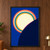 Abstract cream-centered disc with concentric coral, teal, and amber bands partly covered by a curved indigo shadow on ultramarine.; frame shown for styling only