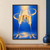 Two tall stemmed glasses clinking with a central splash and bubbles, framed by curling gold light on a cobalt-blue background.; frame shown for styling only