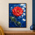 Layered crimson camellia floating on deep blue water, surrounded by pale circular ripples, leaves, and droplets.; frame shown for styling only