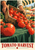 A vendor tips a wooden crate of red tomatoes toward a green-covered stall, with a striped awning and TOMATO HARVEST title panel.