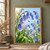 Blue-violet bellflowers with raindrops and green leaves, with a small bee hovering near the flowers against a pale sky.; frame shown for styling only