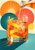 Clear tumbler of amber-orange spritz with ice and yellow citrus peel as a cropped carafe pours against colorful sunburst disks.