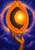 A glowing orange papaya half with a crescent of black seeds floats above a brown reaching hand against a blue-violet background.