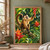 A golden-brown capuchin reaches toward a red-orange bromeliad flower from a mossy branch, with a turquoise hummingbird nearby.; frame shown for styling only