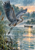 A gray-blue heron launches above shallow water with a wooden punt, reeds, and misty trees in the distance.