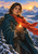 A woman in a teal cloak and red-orange scarf cups a small flame before snowy alpine peaks at sunrise.