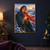 A woman in a teal cloak and red-orange scarf cups a small flame before snowy alpine peaks at sunrise.; frame shown for styling only