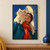 Adult woman in teal and a red-orange scarf looks up at a cream cat perched across her shoulders against blue.; frame shown for styling only