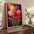 Five colorful rain-beaded tulips against a dark plum-and-rose background, with an open red foreground flower, green stems, and broad leaves.; frame shown for styling only