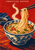 A patterned ceramic bowl of noodles sits beneath noodles lifted by chopsticks against a vermilion background, with garnish, steam, a dipping dish, and indigo cloth.