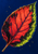 A large serrated leaf with a coral center, dark branching veins, and a lime-green edge against a deep-blue background.