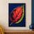 A large serrated leaf with a coral center, dark branching veins, and a lime-green edge against a deep-blue background.; frame shown for styling only