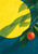 A luminous yellow disk crossed by broad green leaf shadows, with a coral-orange fruit hanging against a deep teal background.