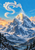 Cloudlike serpentine dragon flying over snowy alpine peaks, above a forested valley and lake at sunrise.