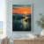 Five dark birds fly across an orange-and-gold sunrise above a reflective marsh channel framed by dark teal reeds.; frame shown for styling only
