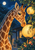 Patterned giraffe touching a glowing paper lantern in an indigo courtyard beneath leafy branches and a second lantern.