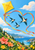 A yellow diamond kite flies above three swallows inside a coral-and-yellow heart-shaped ribbon, with a coastal village, sea, mountains, clouds, and flowers.