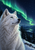 White wolf looking upward beneath green aurora, with snowy evergreen forest, mountains, and a valley.