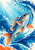 Orange-and-blue reef fish swimming upward through curling blue water with foam and bubbles.