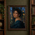 Adult woman in a dark teal wrap turning toward the viewer, with blue flowers in her braided updo, rain-streaked glass, and warm conservatory lights.; frame shown for styling only