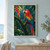 Scarlet macaw perched on a forked dark branch and facing a hanging red-orange bloom amid dense tropical leaves.; frame shown for styling only