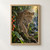 Leopard looking toward the viewer as it steps over a mossy root amid wet tropical foliage and red flowers in sunrise light.; frame shown for styling only