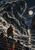 Towering black-water spirit with pale green eyes above a small lantern bearer on a stone embankment beside a moonlit river.