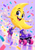 Smiling yellow crescent moon character in purple roller skates, gliding through colorful confetti and star-shaped sparkles on pale lilac.