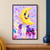 Smiling yellow crescent moon character in purple roller skates, gliding through colorful confetti and star-shaped sparkles on pale lilac.; frame shown for styling only