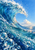 A cobalt-blue wave curls around a bright opening of sky, with reflective bubbles, white spray, and a distant horizon.