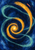 A glowing amber spiral curls around a cream center as teal currents sweep across a deep indigo background.