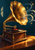Ornate brass-horn tabletop gramophone with a record and tonearm on a wooden cabinet, surrounded by glowing sound ribbons against a dark teal wall.