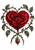 Crimson heart-shaped rose surrounded by thorned green stems and leaves, with a small red bud hanging below on a white background.