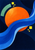 Tangerine-orange disk crossed by a sweeping blue ribbon, with mint and yellow accents on a dark navy ground.