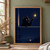 Black cat reaching one raised paw toward a glowing moth on a window sill, with an indigo night landscape and leafy silhouettes beyond.; frame shown for styling only