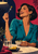 Editorial illustration of a laughing woman in a teal blouse holding an olive on a fork, with a bowl of olives, sparkling water, and citrus.