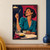 Editorial illustration of a laughing woman in a teal blouse holding an olive on a fork, with a bowl of olives, sparkling water, and citrus.; frame shown for styling only